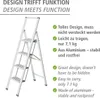 A white aluminum stepladder with text describing its features in German and English. Náhled obrázku produktu