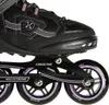 Close-up view of the wheels and frame of a black and purple inline skate. Voir les images du produit