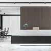 A modern office reception area with a sleek reception desk and a slatted wood accent wall. Produktbild-Vorschau