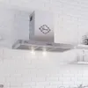 A stainless steel range hood mounted on a white brick wall. Produktbild-Vorschau