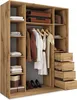 A wooden wardrobe with clothes hanging inside and drawers on the side. Produktbild-Vorschau