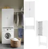 A laundry room scene with a washing machine and cabinets, alongside separate product shots of a cabinet. Produktbild-Vorschau