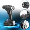 A cordless drill is shown with close-up insets highlighting its features. Produktbild-Vorschau