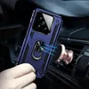 A blue phone case with a ring holder is shown attached to a magnetic car mount on a car's air vent. A hand is holding the phone case. Produktbild-Vorschau