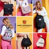 A collage of women posing with various Peterson brand bags, including backpacks and tote bags, set against colorful backgrounds. Voir les images du produit