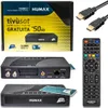 A product shot of a satellite receiver and its accessories, including the box, cables, remote, and smart card. Produktbild-Vorschau