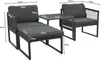 Dimensions of a grey outdoor lounge set with two chairs and an ottoman, with a small table in between. Produktbild-Vorschau