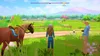 A person and a horse in a grassy field with a mountain in the background. Produktbild-Vorschau
