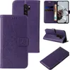 A collage of images showing a purple floral and butterfly embossed flip phone case for a Xiaomi Redmi Note 8 Pro. Produktbild-Vorschau