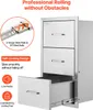 A collage showing a stainless steel outdoor cabinet with three drawers and a close-up of the drawer slides. Produktbild-Vorschau