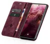 A burgundy flip case for a smartphone, open to reveal the phone screen and card slots. Produktbild-Vorschau