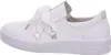 Side view of a white leather sneaker with white ribbon laces and silver accents. Produktbild-Vorschau
