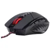 A black computer mouse with red LED lighting and a braided cable, shown from a side angle against a white background. Produktbild-Vorschau