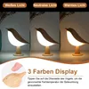A collage showing a bird-shaped lamp in three different light settings: white, neutral, and warm. A close-up inset shows a finger touching the lamp to indicate touch control. Produktbild-Vorschau