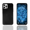 A black phone case is shown on the left, and a smartphone with a blue camouflage wallpaper is shown on the right. Produktbild-Vorschau