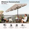 A woman sits on a balcony with a patio umbrella overhead, enjoying a drink. Produktbild-Vorschau