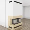 A modern fireplace insert with a glass door, set within a beige and white structure, in an empty room with wooden flooring. Produktbild-Vorschau