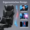 A black gaming chair is shown with diagrams illustrating ergonomic support for the neck, back, and lumbar region. Produktbild-Vorschau