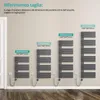 Four different sizes of gray towel radiators are displayed against a light gray wall, with text labels indicating their model numbers and dimensions. Produktbild-Vorschau