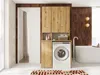 A modern bathroom with a washing machine cabinet, bathtub, and wooden accents. Anteprima dell’immagine prodotto