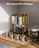 A set of stainless steel chafing dishes and serving utensils are displayed on a wooden surface, with a promotional text overlay. Produktbild-Vorschau