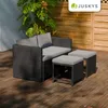An outdoor furniture set on a wooden deck with a wooden fence and a large plant in the background. Produktbild-Vorschau