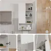 A collage of images showing a white bathroom cabinet, its details, and its placement in a bathroom setting. Produktbild-Vorschau