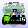 Marketing image for Android 15 operating system with app icons and a stylized Android character. Produktbild-Vorschau