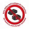 A prohibition sign with two batteries and a charger inside, indicating that they are not included. Produktbild-Vorschau