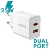 A white dual-port charger with orange USB-C and USB-A ports, with teal text and a lightning bolt graphic indicating 25W charging. Podgląd zdjęcia produktu