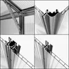 A collage of four close-up images showing the construction details of a greenhouse, focusing on the aluminum frame and polycarbonate panels. Produktbild-Vorschau