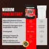 A marketing image comparing the features of Powerstar food products with a generic competitor, using a table format with checkmarks and crosses. Produktbild-Vorschau