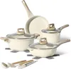 A set of beige granite cookware with wooden handles and glass lids, arranged on a white background. Several pieces are shown, including pots, pans, and cooking utensils. Produktbild-Vorschau