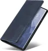 A blue leather flip cover case for a smartphone, with the phone's screen partially visible. Produktbild-Vorschau