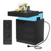 A black bedside table with drawers and integrated lighting, shown with a separate power strip featuring outlets and USB ports. Produktbild-Vorschau