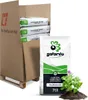 A pallet of bagged garden substrate (Hochbeeterde) is shown, with one bag prominently displayed in the foreground next to a small plant. Produktbild-Vorschau