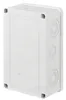 A white electrical junction box with multiple circular knockouts on the side. Produktbild-Vorschau