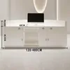 A white reception desk with a computer on it, showing dimensions. Produktbild-Vorschau