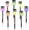 A set of eight solar garden lights with stainless steel poles and colored LED lights. Produktbild-Vorschau