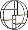 A round, black metal wall shelf with four wooden shelves arranged in a stepped pattern. Anteprima dell’immagine prodotto