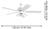 A white ceiling fan with five blades is shown from a side-angle, against a white background. Dimensions are indicated with lines and text. Produktbild-Vorschau