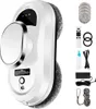 A white robotic window cleaner with gray cleaning pads is shown on a white background, along with its accessories. Produktbild-Vorschau