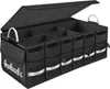 A black car trunk organizer with multiple compartments and reflective stripes. Náhled obrázku produktu