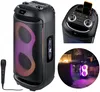 Collage of a portable speaker with lights, a microphone, and a lifestyle shot of the speaker outdoors. Produktbild-Vorschau