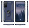 Multiple views of a blue phone case with a ring holder, displayed with a phone screen showing a forest scene. Produktbild-Vorschau