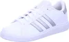 A white Adidas sneaker with silver stripes is shown against a white background. Produktbild-Vorschau