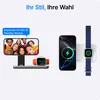A marketing image showing a phone and Apple Watch charging on a stand, with a second phone and Apple Watch charging on a wireless pad. Produktbild-Vorschau