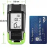 A bicycle computer is shown next to a credit card for size comparison, with dimensions indicated. Podgląd zdjęcia produktu