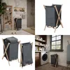 A collage of images showing a grey laundry basket with a wooden frame in various settings, including a bathroom and a laundry room. Podgląd zdjęcia produktu