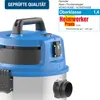 Close-up of the top part of a blue and silver wet/dry vacuum cleaner, with some text overlays indicating quality and product rating. Produktbild-Vorschau